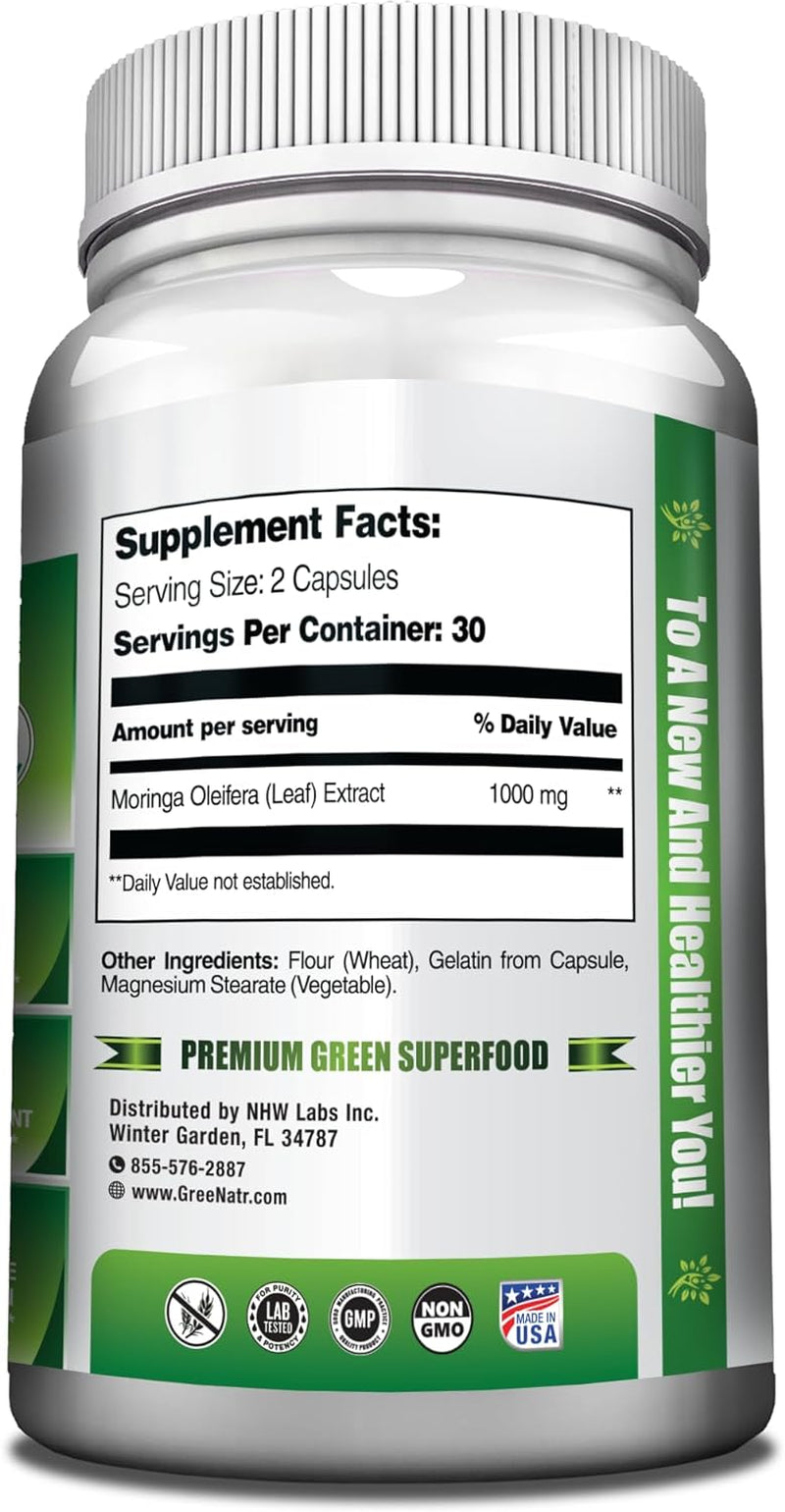 Pure Moringa Oleifera Leaf Extract Veggie Capsules 1000 Mg. Natural Herbal Supplement. Energy, Mood, Memory and Focus Support. Premium Green Superfood (3 Bottles)