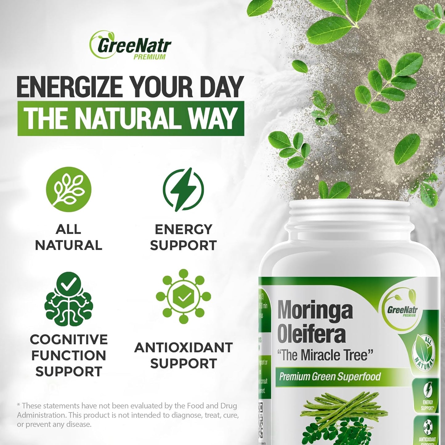 Pure Moringa Oleifera Leaf Extract Veggie Capsules 1000 Mg. Natural Herbal Supplement. Energy, Mood, Memory and Focus Support. Premium Green Superfood (3 Bottles)