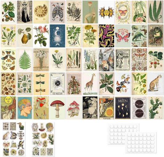Posters for Room Aesthetic| Vintage Decor - Wall Collage Kit 50Pcs Dorm Decor | Bedroom Decor for Teen Girls| Cottagecore Room Decor Posters: Mushroom, Botanical, Astrology| 4X 6