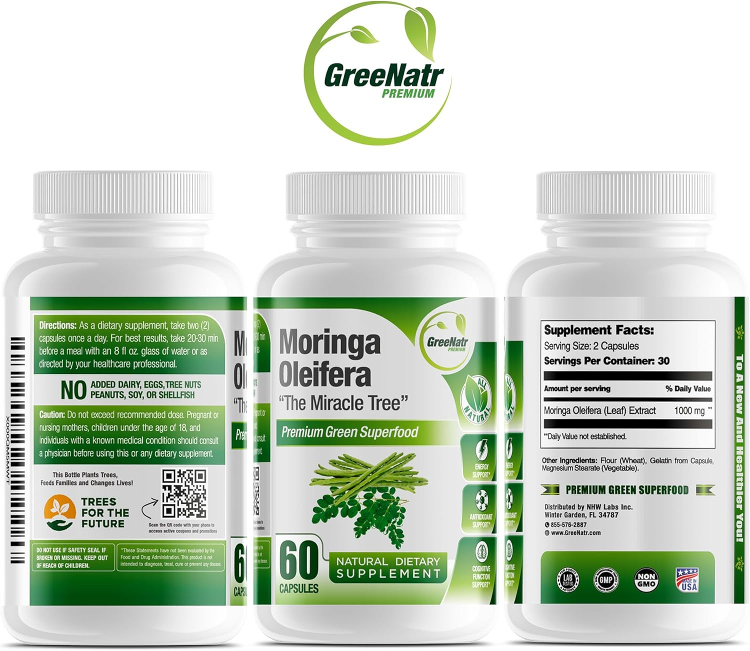 Pure Moringa Oleifera Leaf Extract Veggie Capsules 1000 Mg. Natural Herbal Supplement. Energy, Mood, Memory and Focus Support. Premium Green Superfood (3 Bottles)
