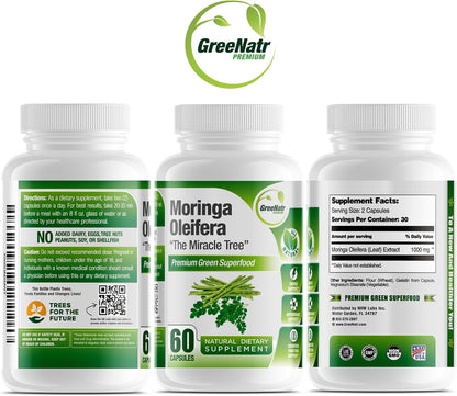 Pure Moringa Oleifera Leaf Extract Veggie Capsules 1000 Mg. Natural Herbal Supplement. Energy, Mood, Memory and Focus Support. Premium Green Superfood (3 Bottles)