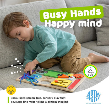 Montessori Busy Board for Toddlers, Premium Wooden Toddler Busy Board for 1 2 3 Year Old with 10 Educational Activities for Fine Motor Skills, Sensory Activity Toy for Travel, Gift for Boys & Girls
