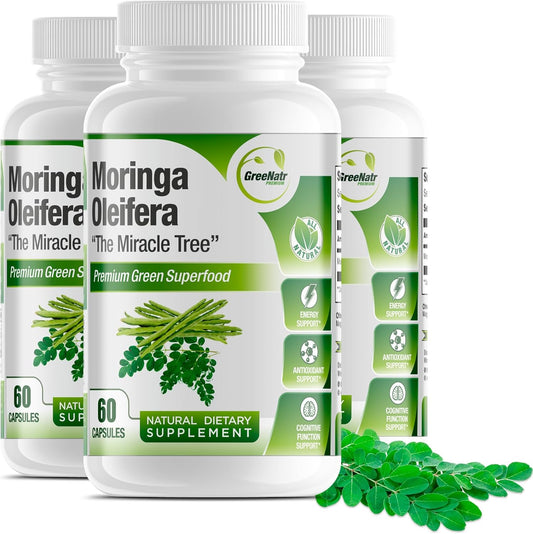 Pure Moringa Oleifera Leaf Extract Veggie Capsules 1000 Mg. Natural Herbal Supplement. Energy, Mood, Memory and Focus Support. Premium Green Superfood (3 Bottles)
