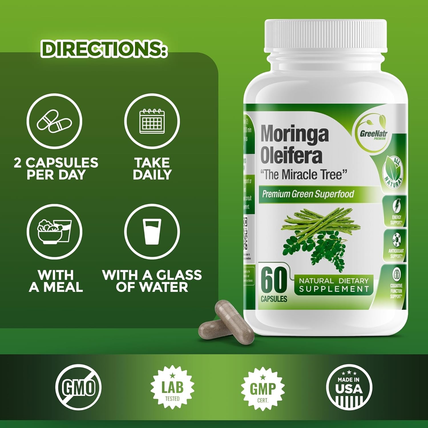 Pure Moringa Oleifera Leaf Extract Veggie Capsules 1000 Mg. Natural Herbal Supplement. Energy, Mood, Memory and Focus Support. Premium Green Superfood (3 Bottles)