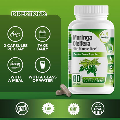 Pure Moringa Oleifera Leaf Extract Veggie Capsules 1000 Mg. Natural Herbal Supplement. Energy, Mood, Memory and Focus Support. Premium Green Superfood (3 Bottles)