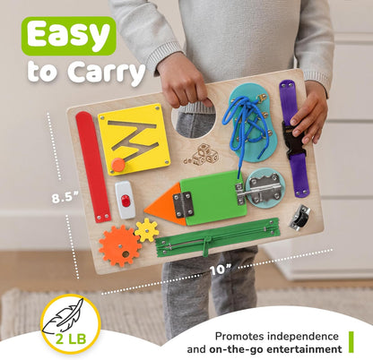 Montessori Busy Board for Toddlers, Premium Wooden Toddler Busy Board for 1 2 3 Year Old with 10 Educational Activities for Fine Motor Skills, Sensory Activity Toy for Travel, Gift for Boys & Girls
