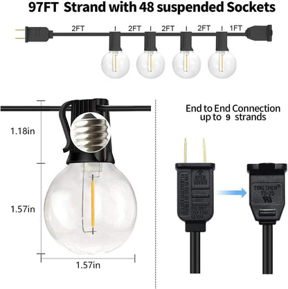Outdoor String Lights, 97FT Patio Lights with 49 G40 Shatterproof LED Bulbs(1 Spare), Waterproof Lights String for outside Backyard, Porch, Bistro, Party, Camping, Garden Gathering