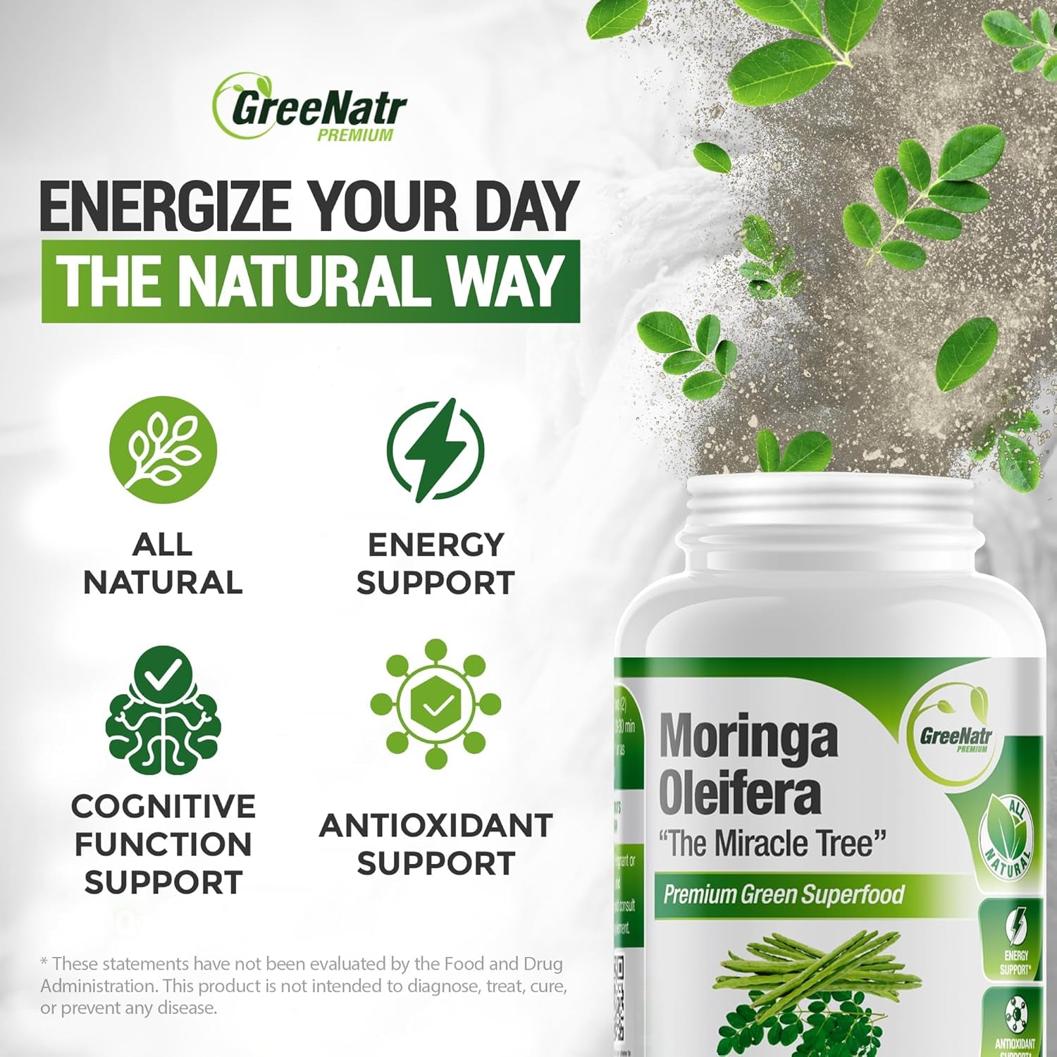 Pure Moringa Oleifera Leaf Extract Veggie Capsules 1000 Mg. Natural Herbal Supplement. Energy, Mood, Memory and Focus Support. Premium Green Superfood (3 Bottles)