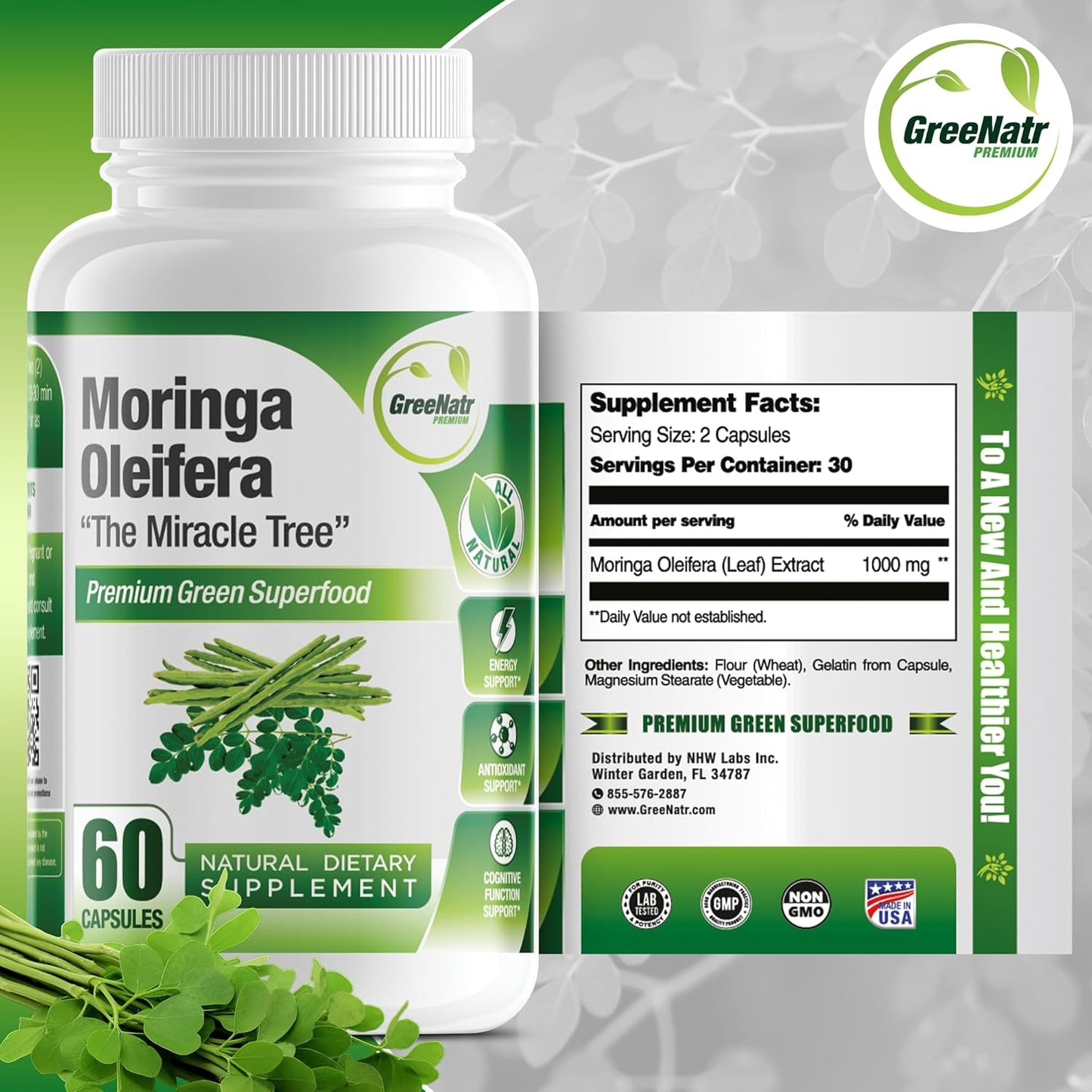 Pure Moringa Oleifera Leaf Extract Veggie Capsules 1000 Mg. Natural Herbal Supplement. Energy, Mood, Memory and Focus Support. Premium Green Superfood (3 Bottles)