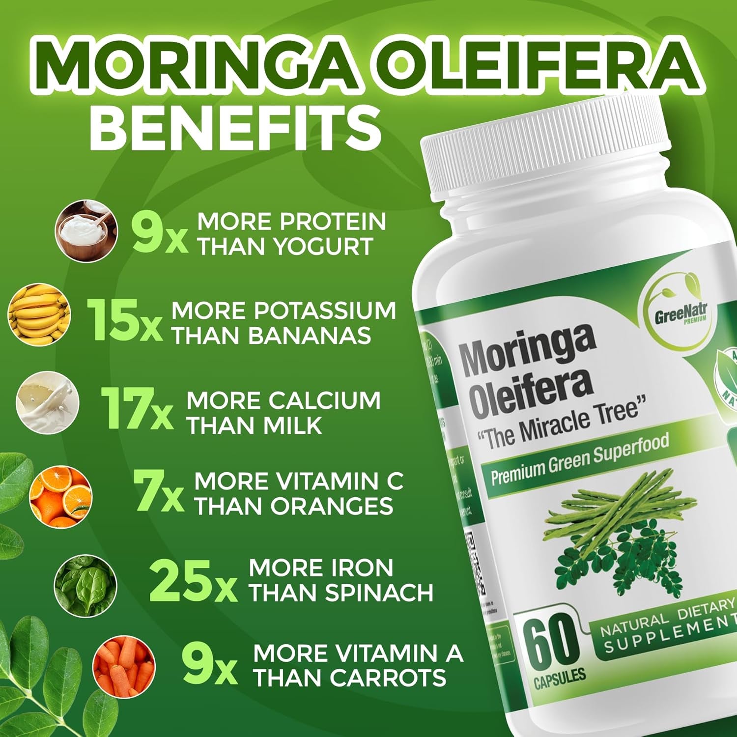 Pure Moringa Oleifera Leaf Extract Veggie Capsules 1000 Mg. Natural Herbal Supplement. Energy, Mood, Memory and Focus Support. Premium Green Superfood (3 Bottles)